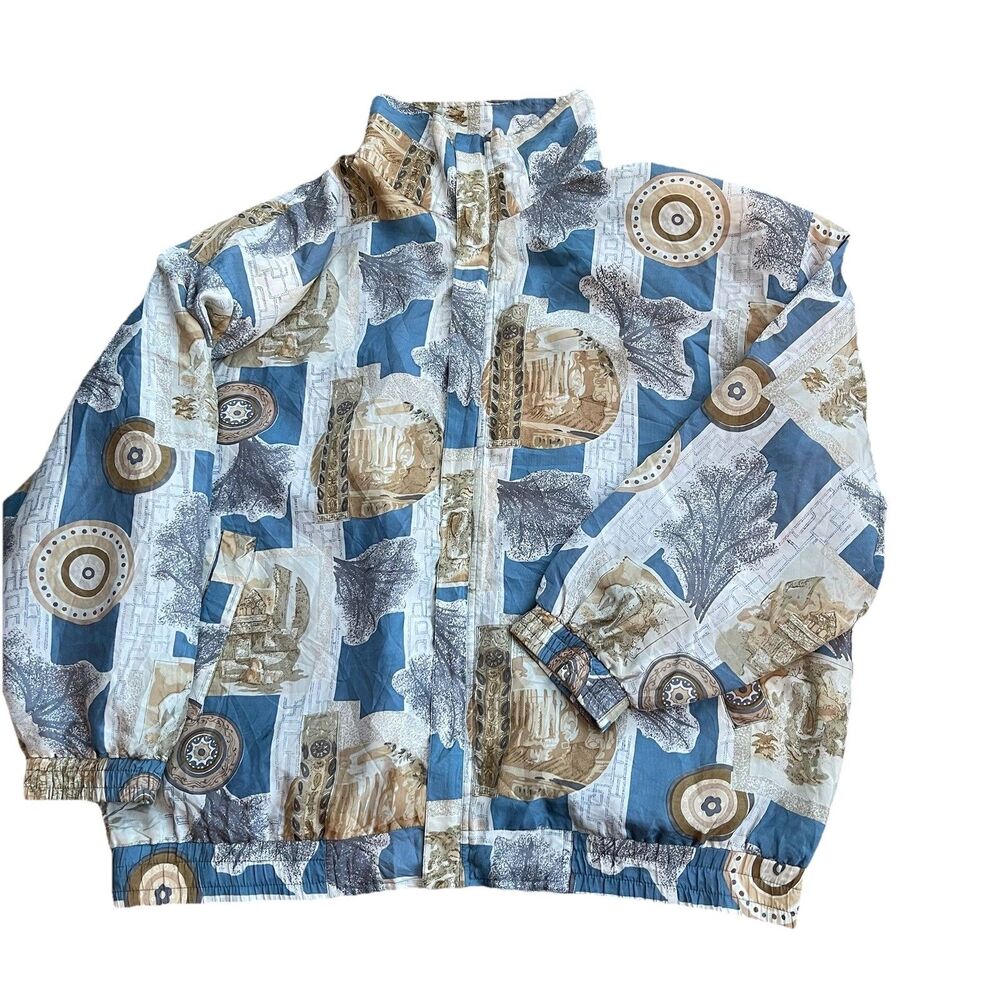 Vtg 90s Fuda International Windbreaker Size 1X 100% Silk Graphic Print Jacket